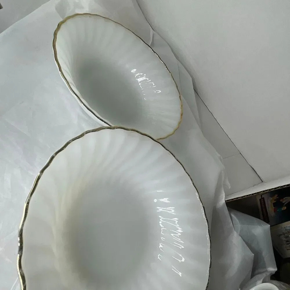 Fire-King lot of 2 serving bowls swirl design 22K trim
